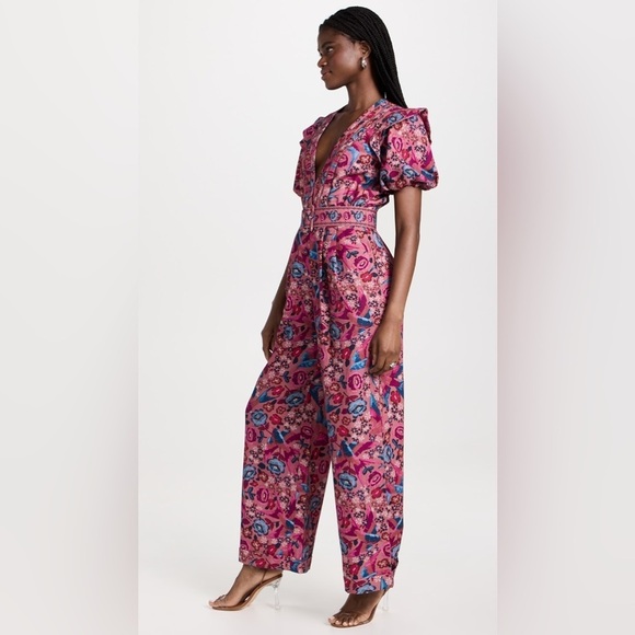 FARM Rio Floral Birds Blush Jumpsuit with Puff Sleeves Size: XL - Picture 14 of 16